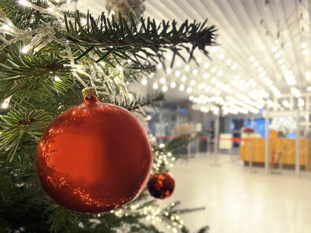 Eine rote Christbaumkugel hängt am Ast eines Weihnachtsbaums.